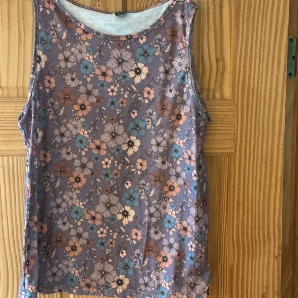SHEIN Floral Trim White Top with Lavender and Blue Accents